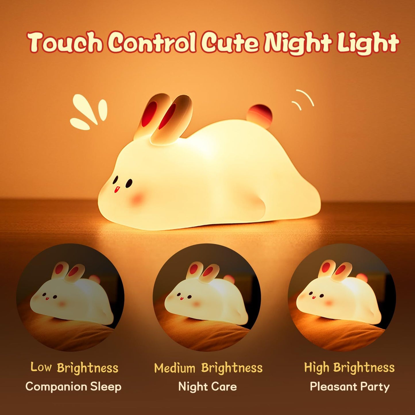 Cute LED Night Light Touch Sensor Cartoon Kid's Nightlights Big Face Rabbit Silicone Night Light Christmas Gift Bedside Lamp Home Decor - KeMalls